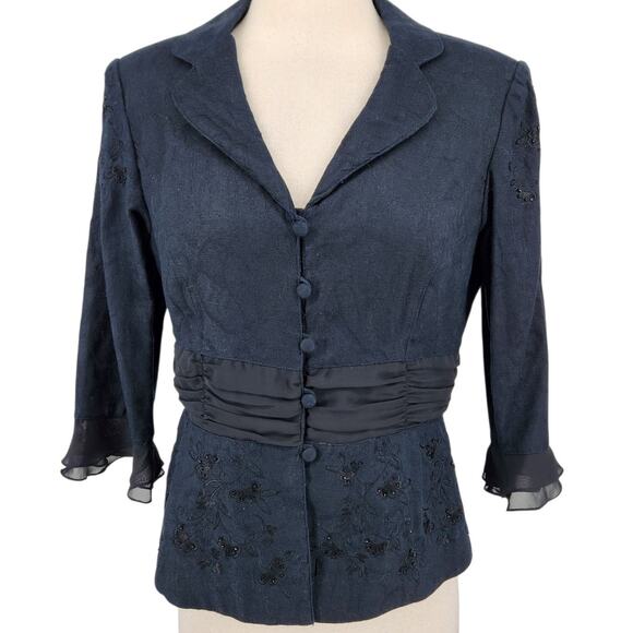 SALE Vintage Plaza South Linen Cotton Blend Floral Brocade Jacket Black Size 6 - Picture 1 of 7